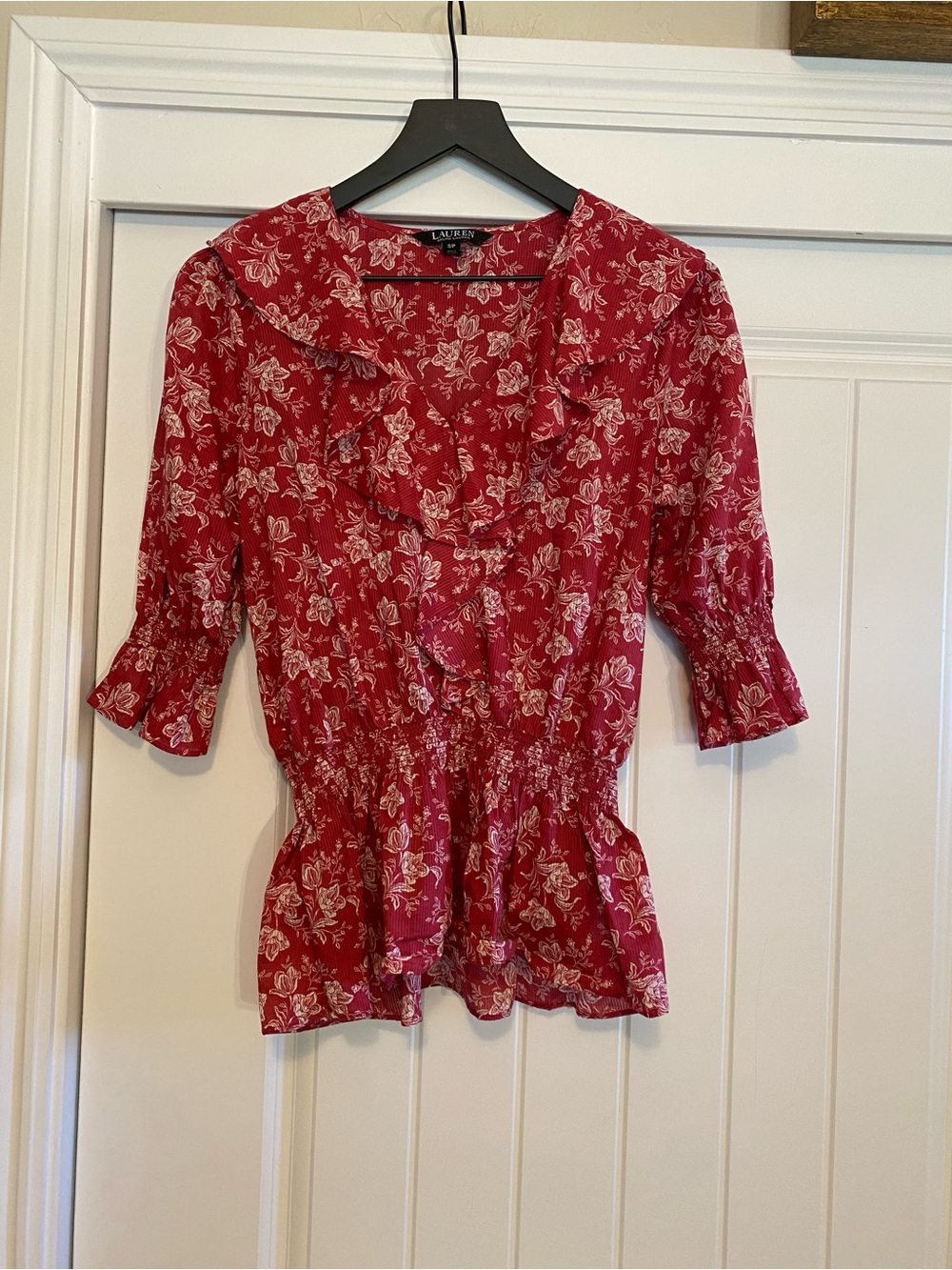 Lauren Ralph Lauren Crimson Floral Ruffle Peplum Top